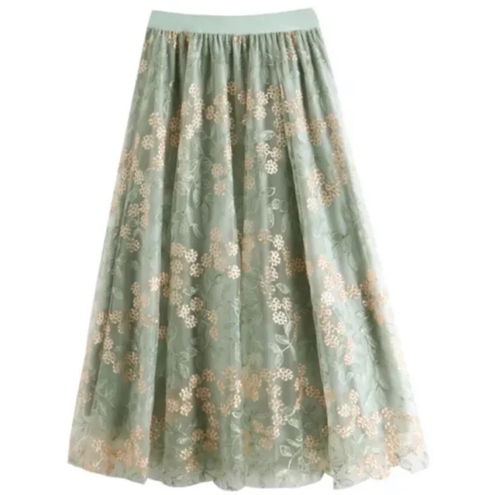 Dirholl Women's A-Line Fairy Elastic Waist Tulle Midi Skirt ~ Lace Green ~